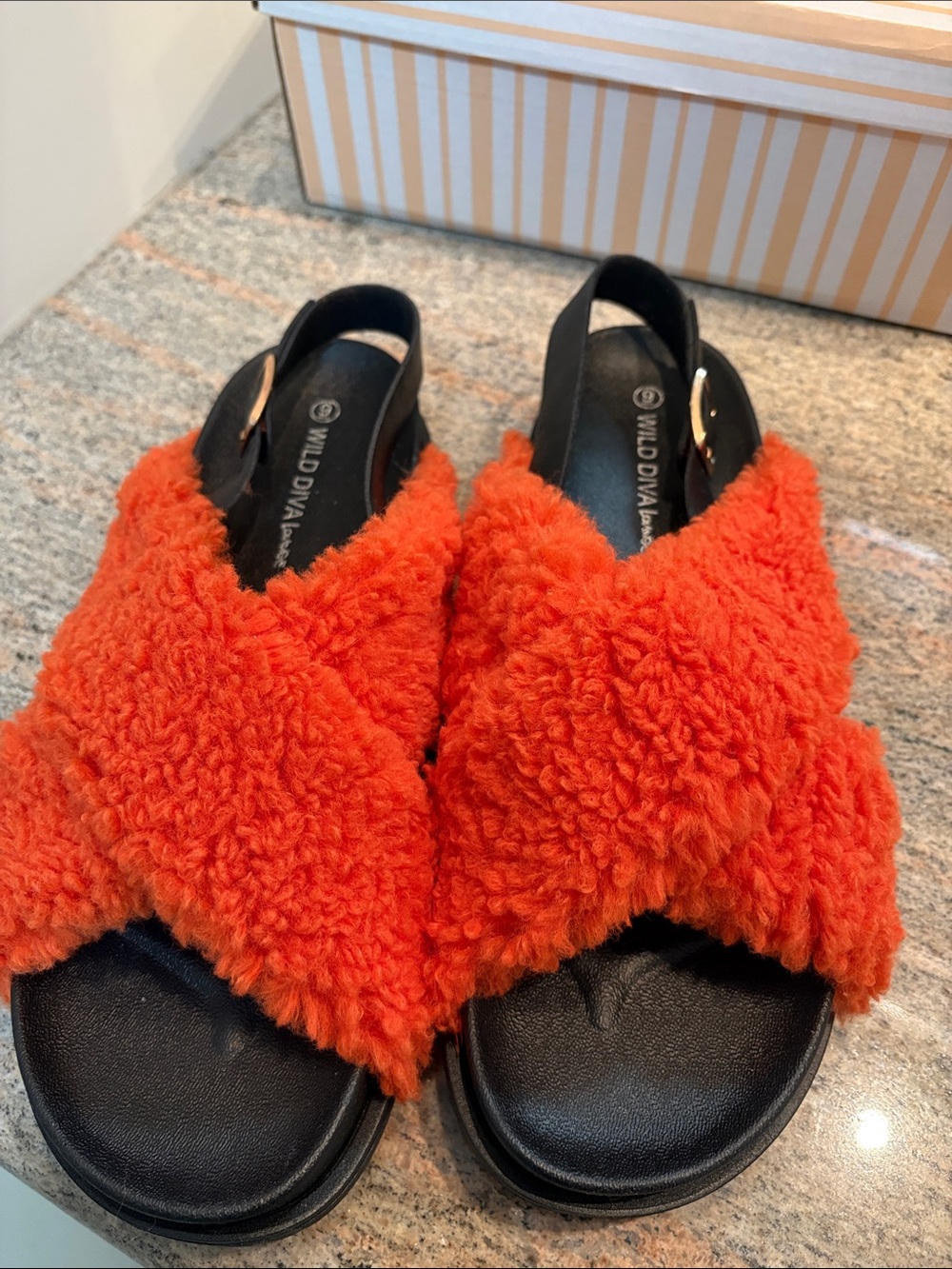 DIVA Lounge Bright Orange Faux-Sherpa Crossover Slingback Sandals